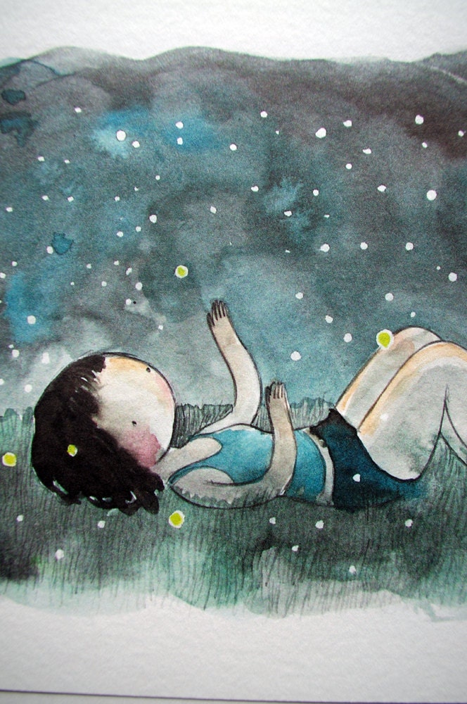 Fireflies 8x10 print - watercolor drawing and painting of a girl in the grass