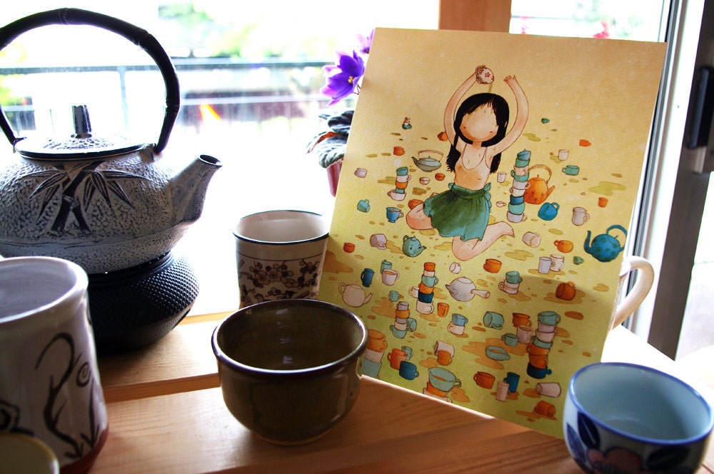 Tea tea tea 8x10 print - drawing watercolor obsessive compulsive tea addict girl