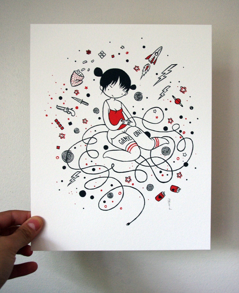 Game On - 8x10 cute video game girl drawing watercolor print