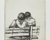 original etching of a romantic couple on a park bench