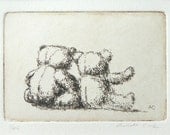 original etching of two teddy bears cuddling