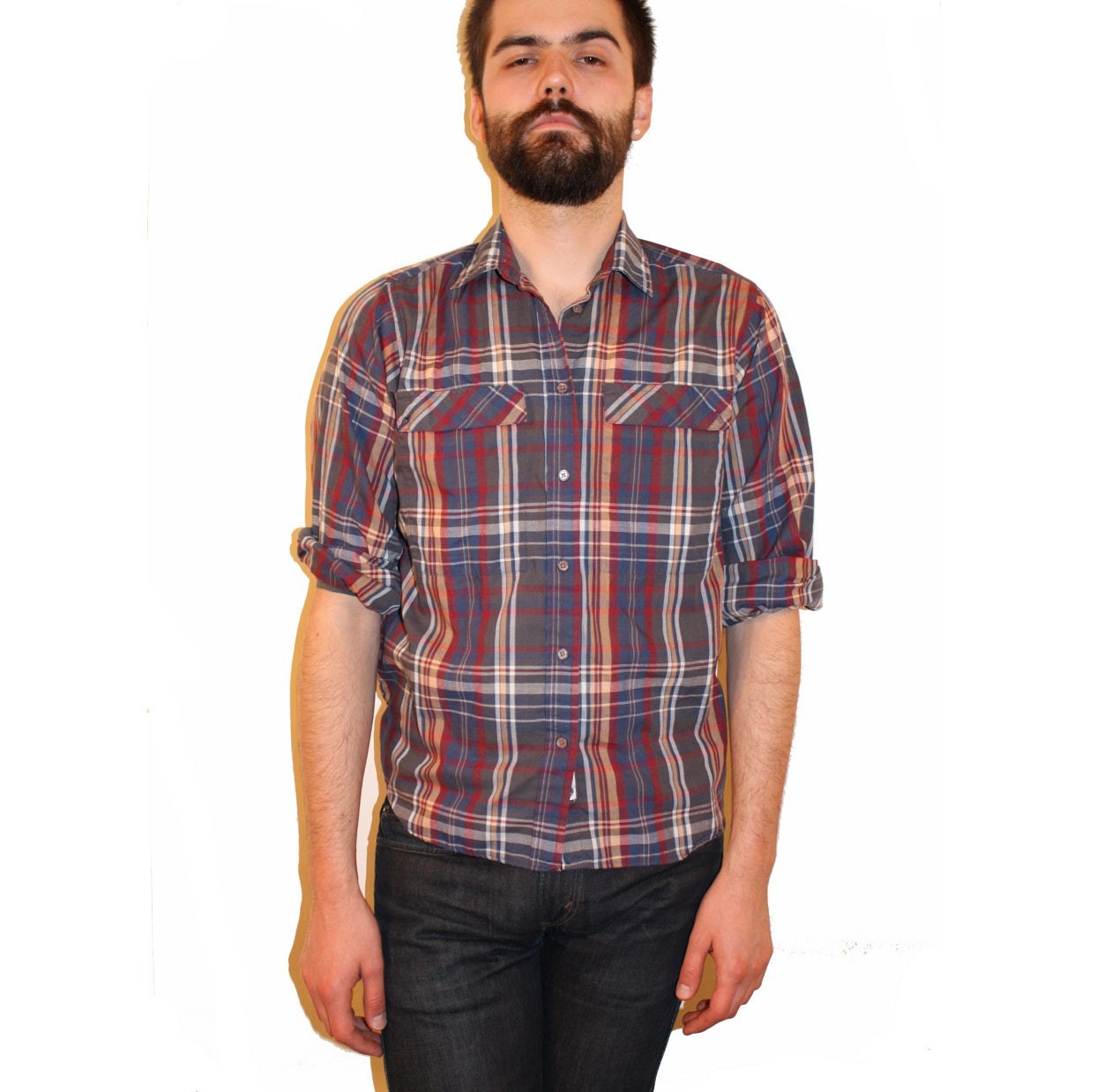 Vintage Grandpa Cotton Plaid Button Up Shirt S M 60s 70s 80s Multicolored Grey Red Yellow Blue Lumberjack Western Nerdy Indie Hipster Rockabilly