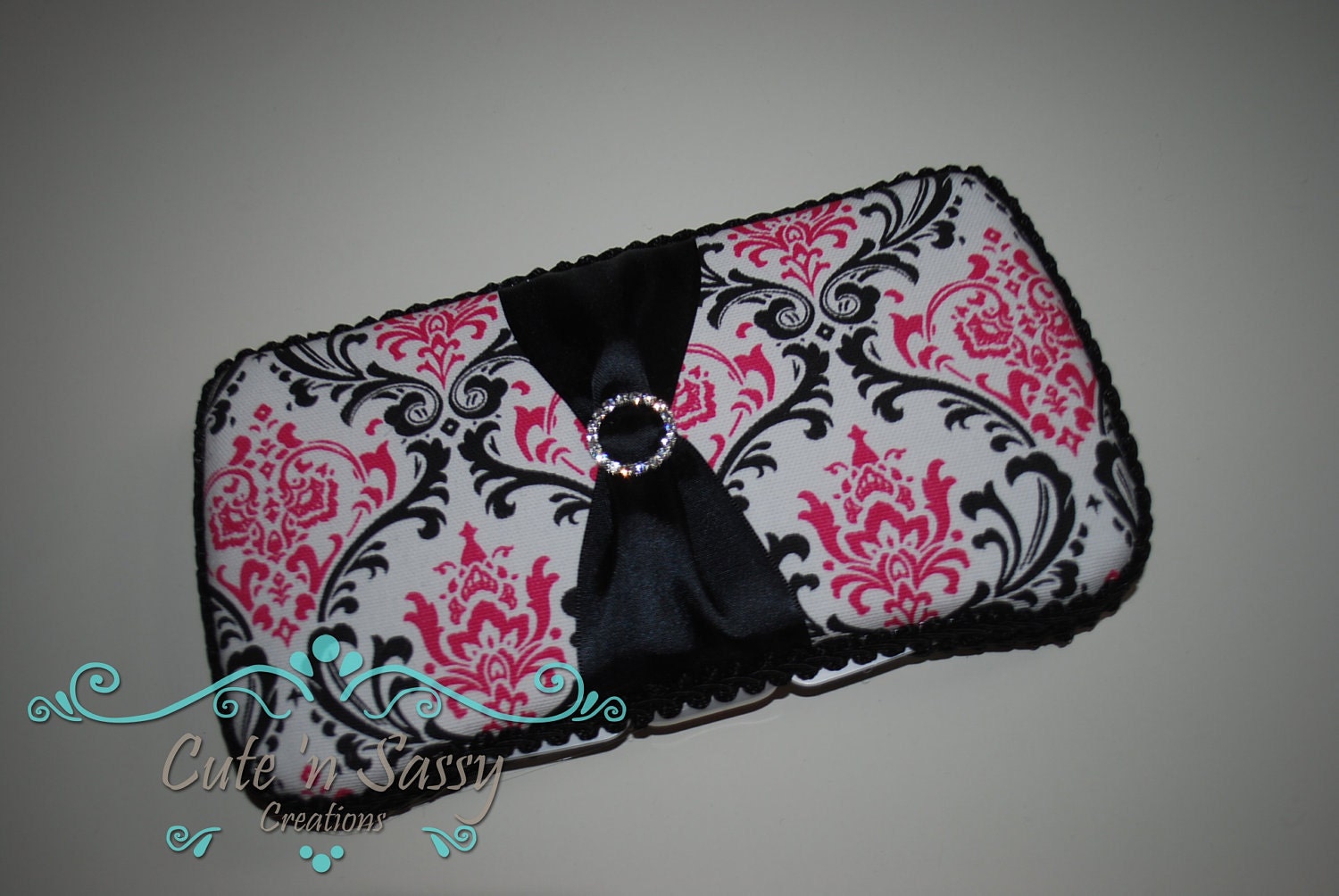 Boutique Baby Wipe Case - Madison Damask with Black Ribbon Covered Wipes Case