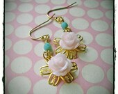 Delicate Pink Rose and Aqua Earrings