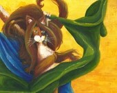 Bellydancing Cat Art, Calico Cat Gypsy Dancer in Gold Blue Green Dress 11x14 Fine Art Print