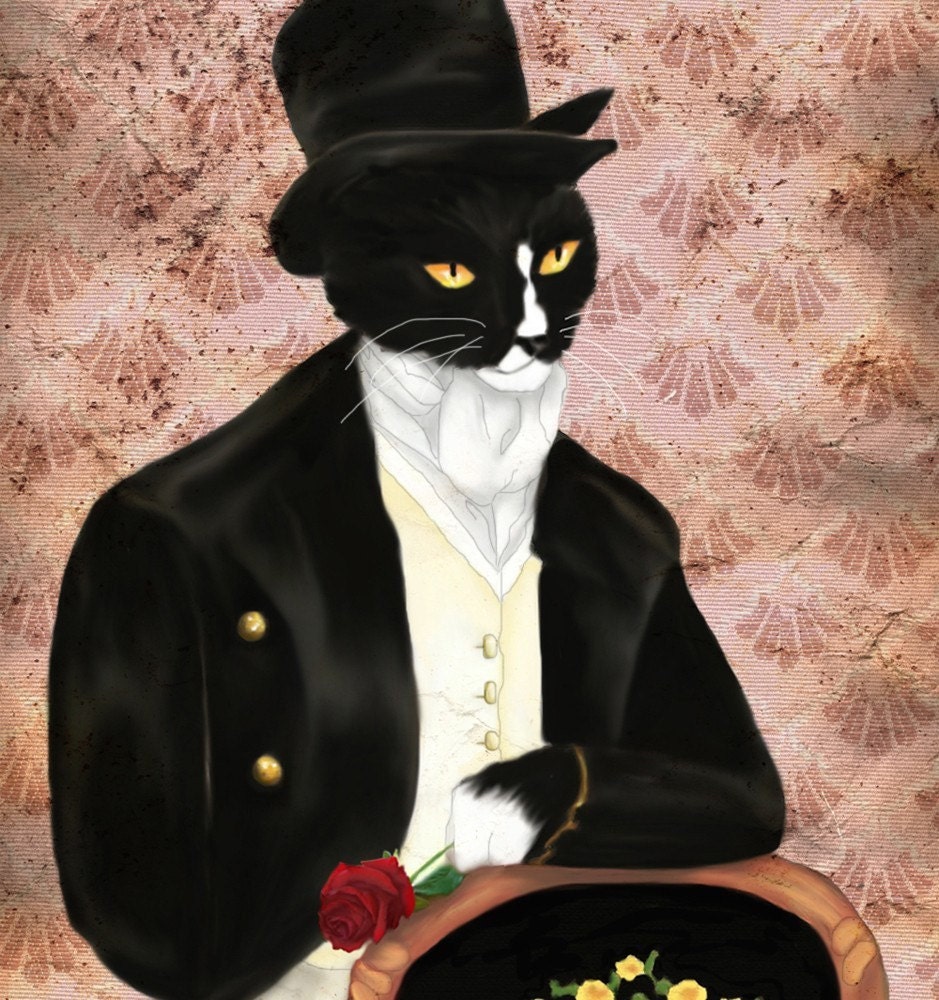 Mr Darcy Tuxedo Cat Art, Pride and Prejudice Animal Portrait 8x10 Art Print