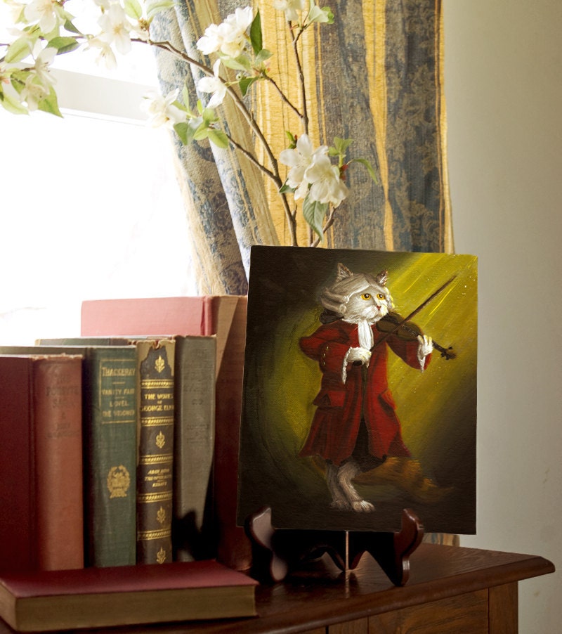 Violinist Cat Art, White Cat Playing Violin Wearing Powdered Wig, Mozart 8x10 Fine Art Print