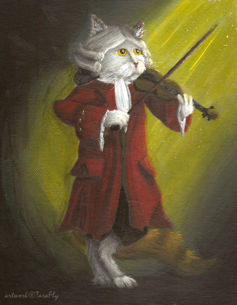 Violinist Cat Art, White Cat Playing Violin Wearing Powdered Wig, Mozart 8x10 Fine Art Print