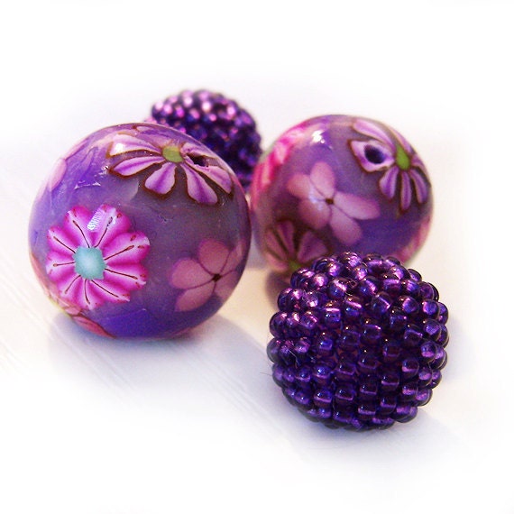 Polymer Clay Flower beads and Glass berry beads in  Pink and Purple