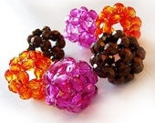 6 Pentagonal Bohemian Faceted Glass Beads inorange , fuchsia and brown