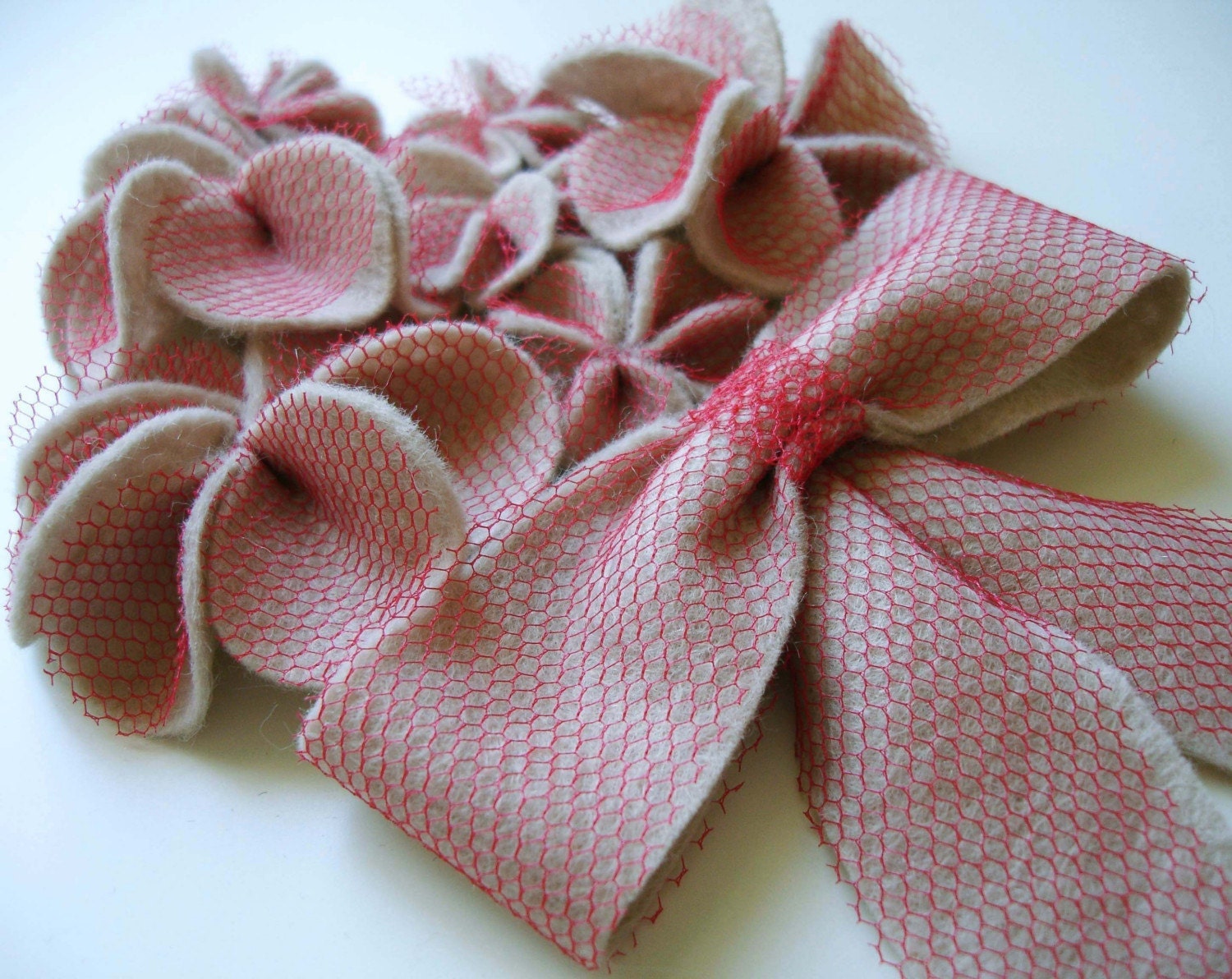 HALF PRICE SALE - WAS 65 DOLLARS - Red Riding Hood bow and blossom brooch, felt and net