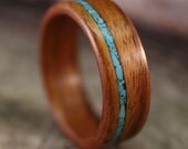 Santos Rosewood Bentwood Ring with Offset Turquoise Inlay - Handcrafted Wooden Ring