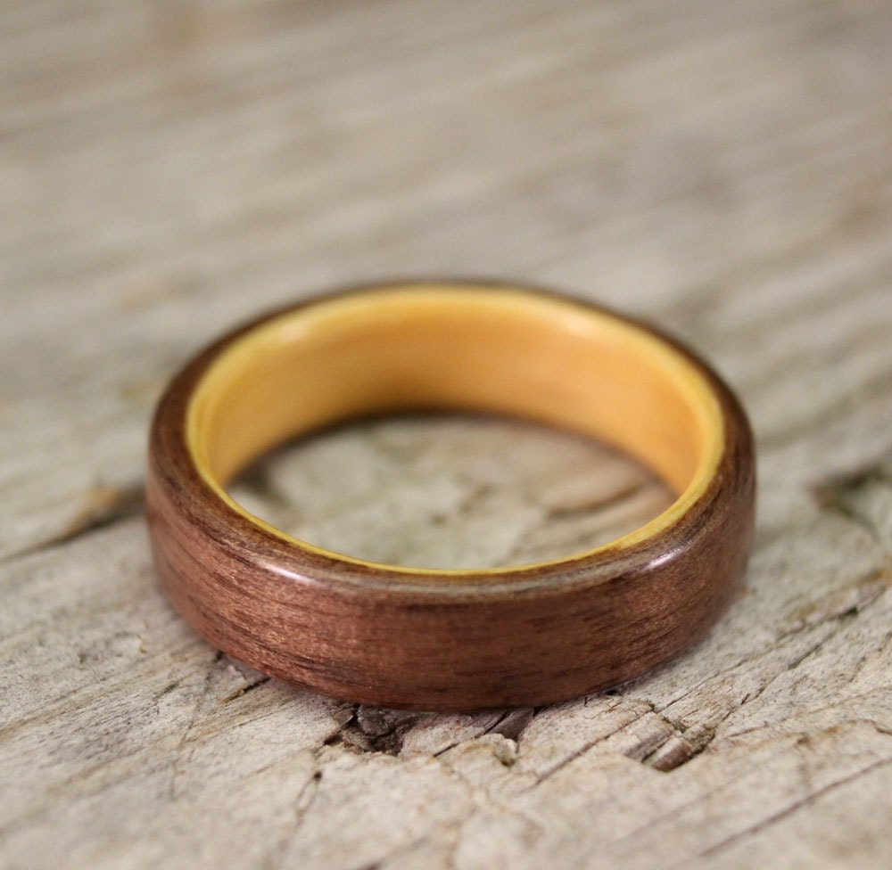 Walnut Bentwood Ring Lined With Yellowheart - Handcrafted Wooden Ring