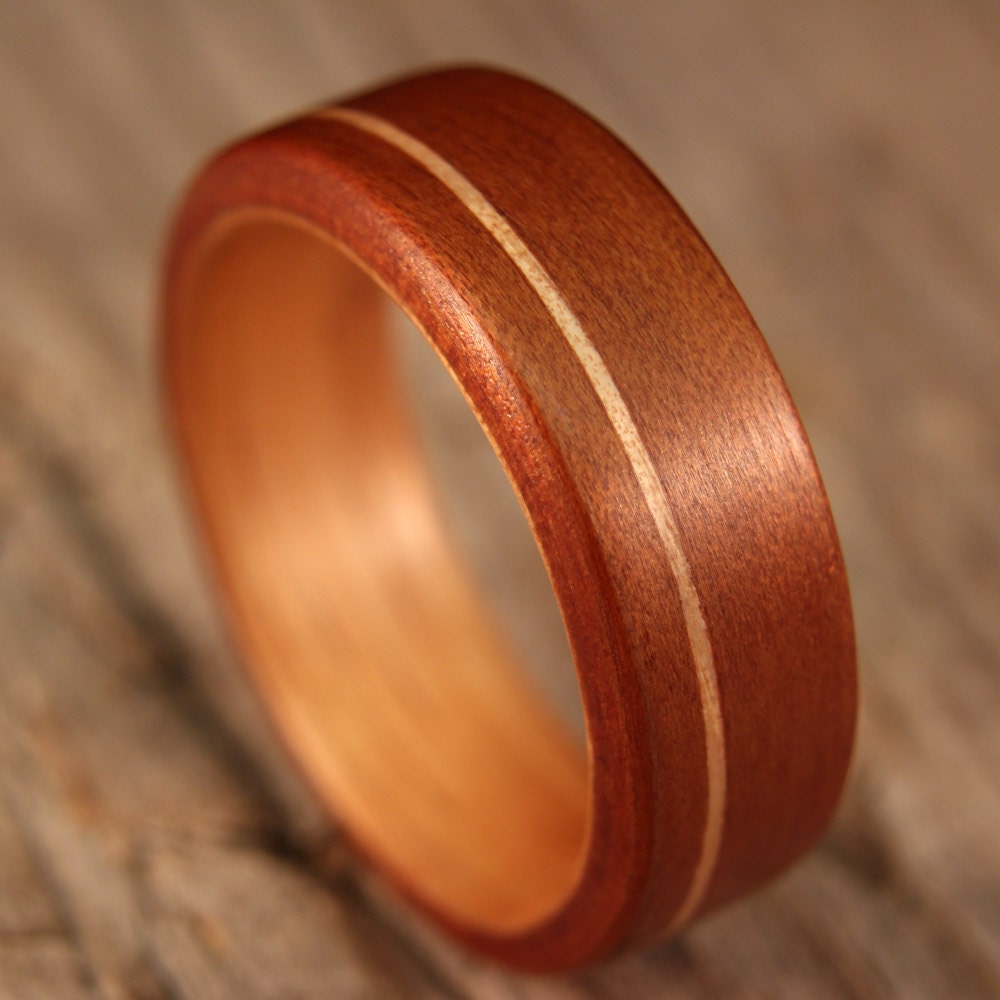 Size 12 - Ancient Kauri Lined With Golden Koa With Offset Golden Koa Inlay Bentwood Ring - Handcrafted Wooden Ring