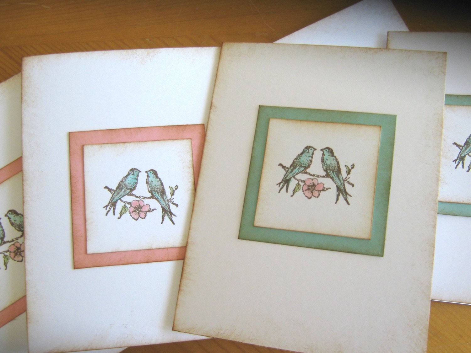 Vintage Style Shabby Chic Pink and Aqua Lovebird invitations or notecards