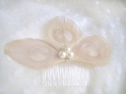 SALE Champagne Peacock Feather and Swarovski Pearl Comb
