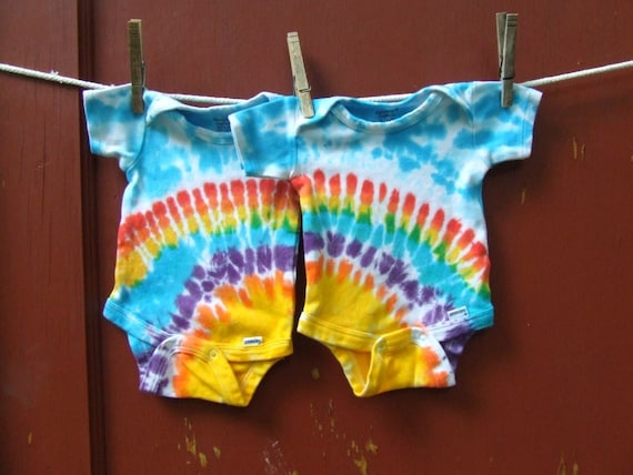 Tie Dye Baby Onesies - Twin Set of 2 - Rainbow Sunshine - newborn, 6m, 12m, 18m, 24m - Made to Order