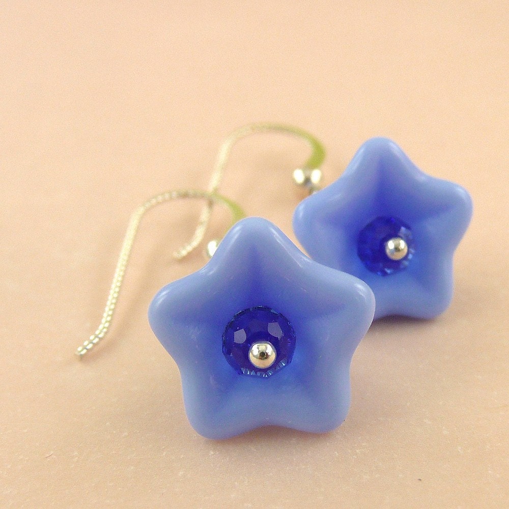 Blue Flowering - Blue flower earrings, sterling silver, blue glass, and blue Swarovski crystals
