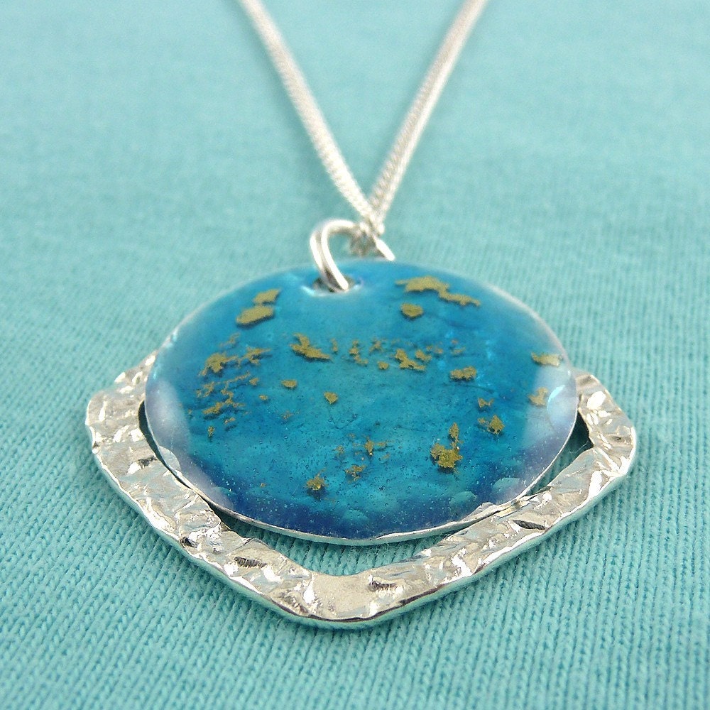 South Seas necklace, enamel over fine silver pendant with sterling silver curb chain, aquamarine color
