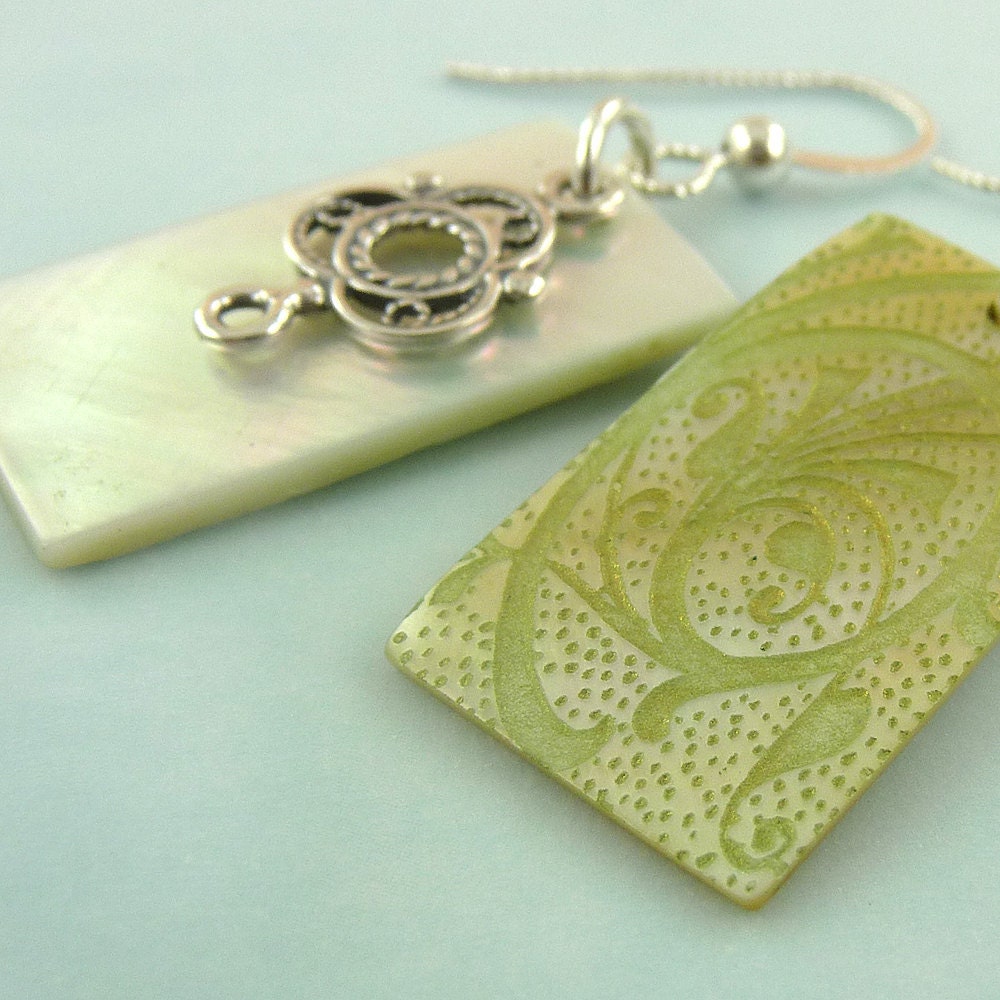 In The Flow - Green - Laser etched mother of pearl and sterling silver - Swirling pattern