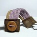 Lilac and sand knitted bracelet, cotton yarn and fabric  Quattro, four loops, Japanese fabric and handmade wood button. Knitting jewelry