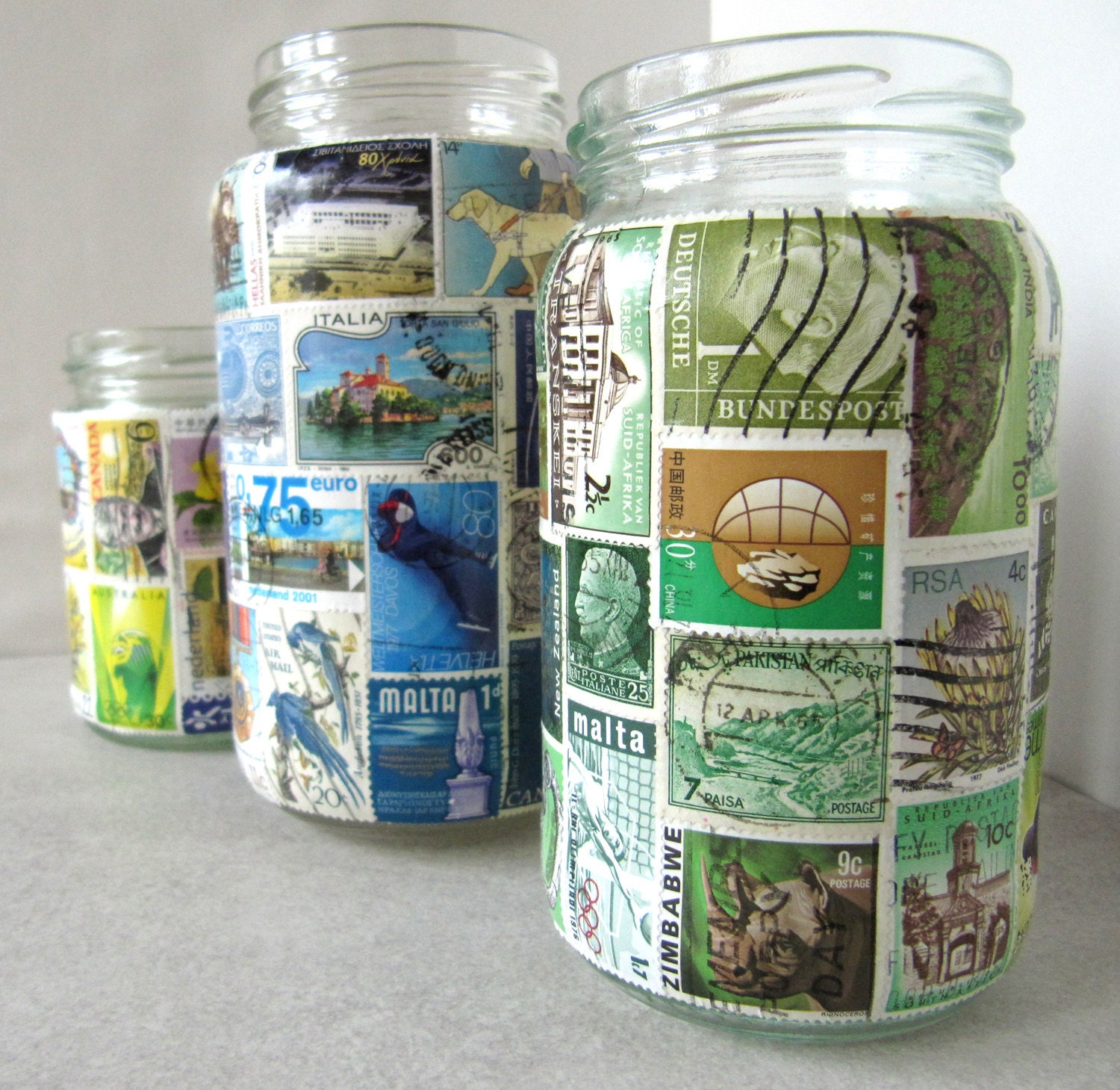 Stamp Lamp - upcycled glass jar tealight candle holder OOAK - green