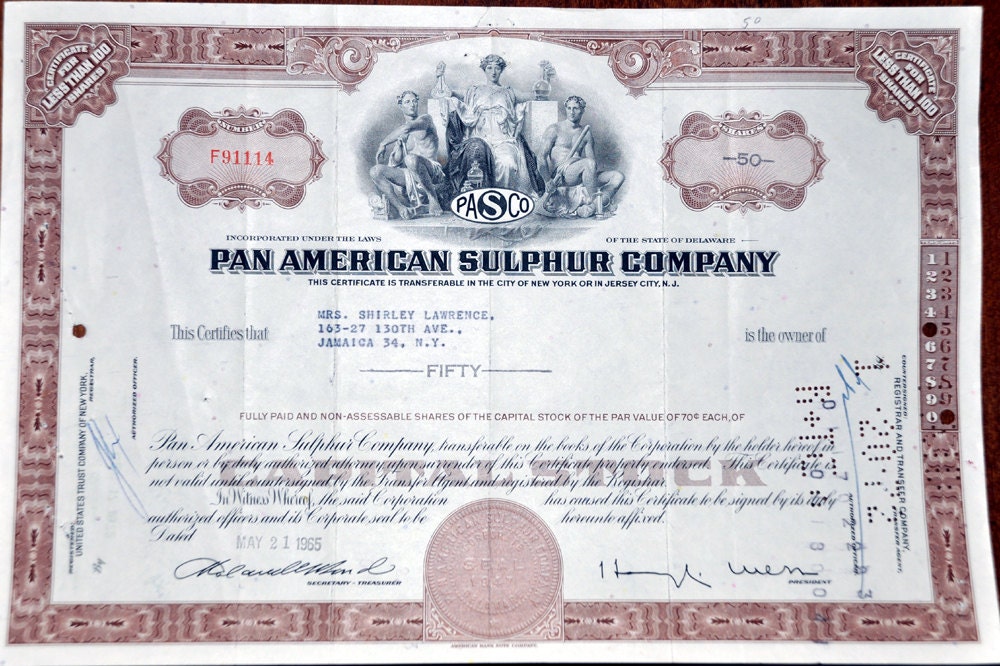 Pan American Sulphur Company Stock Certificate  50 Shares