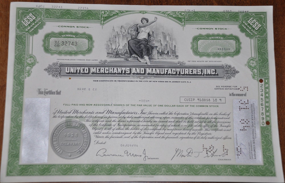United Merchants and Manufactureres Inc. Stock Certificate  10 Shares