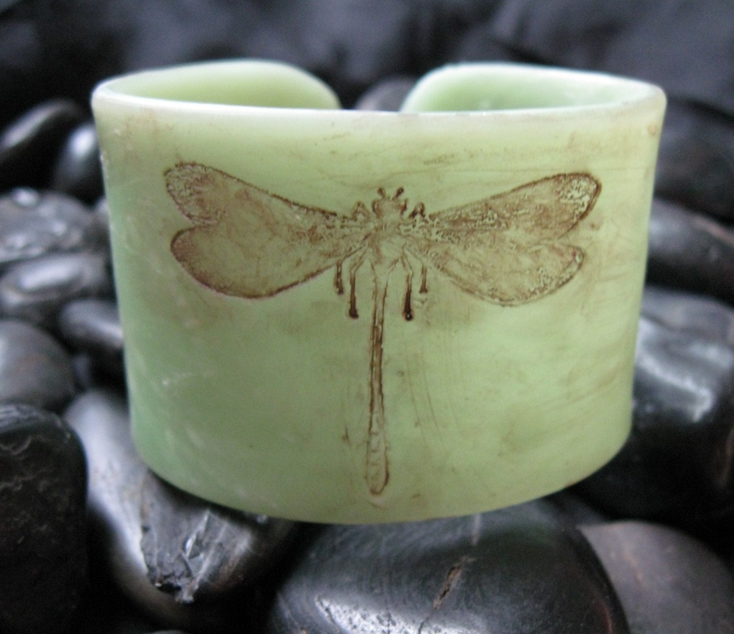 Cuff Bracelet, Antiqued Jade Green Dragonfly, Handmade Cuffs by theshagbag on Etsy