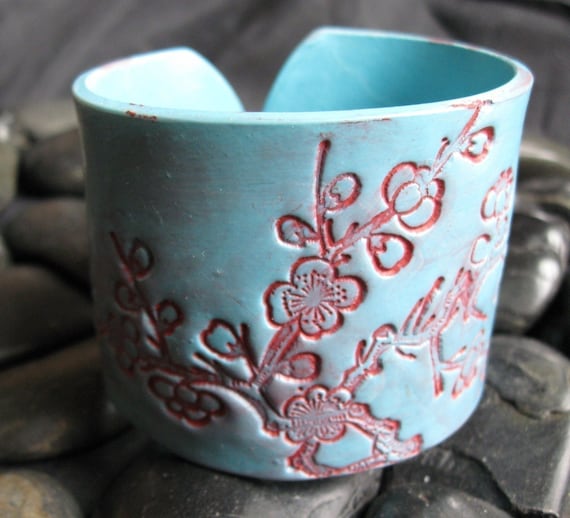 Cherry Blossom Cuff Bracelet Turquoise Aqua Blue, Handmade cuff by theshagbag on Etsy