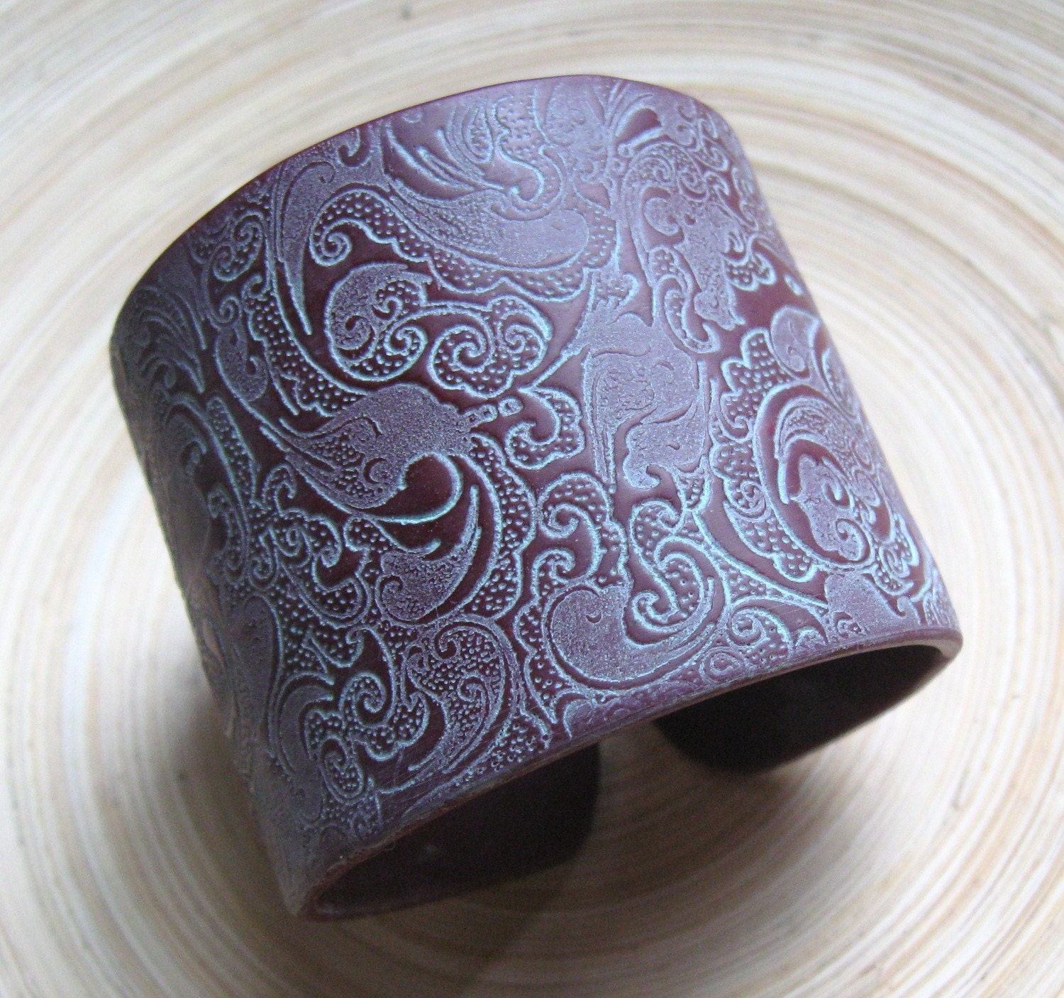 Huge Weekend SALE Crimson Burgundy Polymer Clay Patina Asian Ornate Style Cuff Bracelet, handmade cuffs by theshagbag on Etsy
