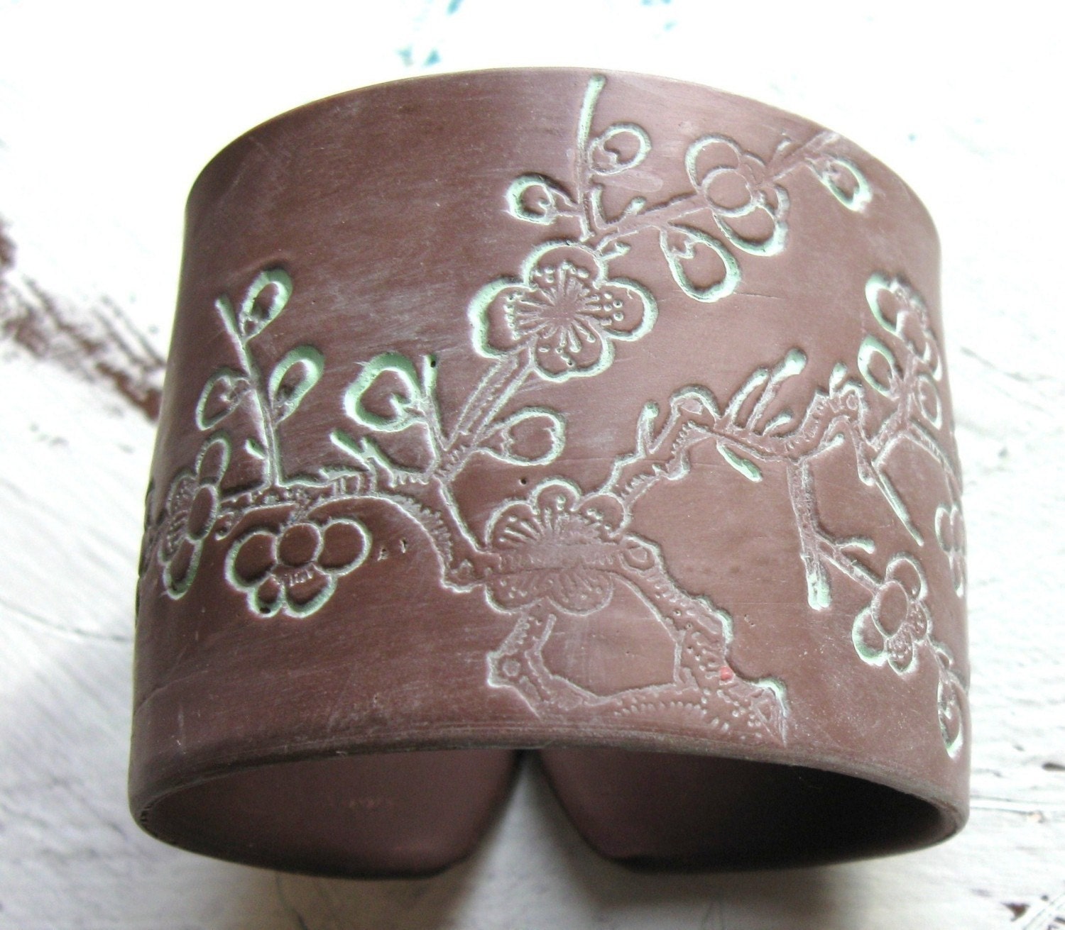 Beautiful brown cuff bracelet Asian cherry blossom, handmade jewelry by theshagbag on Etsy