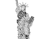 Statue of Liberty Word Art Calligram, New York Art Statue of Liberty Typography or Calligraphy Drawing, New York Pen & Ink Illustration