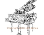 Pen and Ink Baby Grand Piano Art Calligraphy Drawing, Musical Instrument Art Calligram Typography Drawing, Word Art Unique Art Print