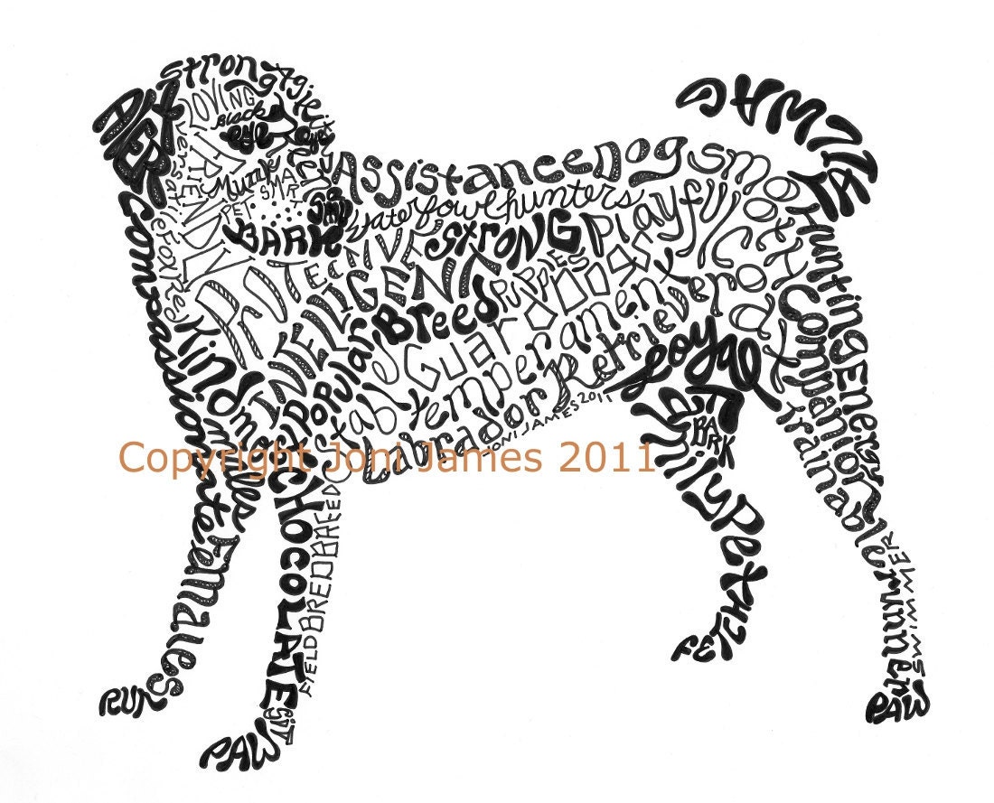 Black Labrador Retriever Art Print Word Illustration, Dog Art Black Lab Dog Typography Calligram or Calligraphy Drawing, Gift Under 20