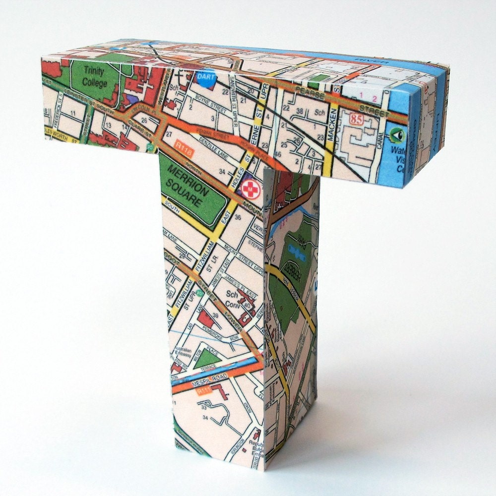 T Junction - 3D letter T from repurposed Dubln street map