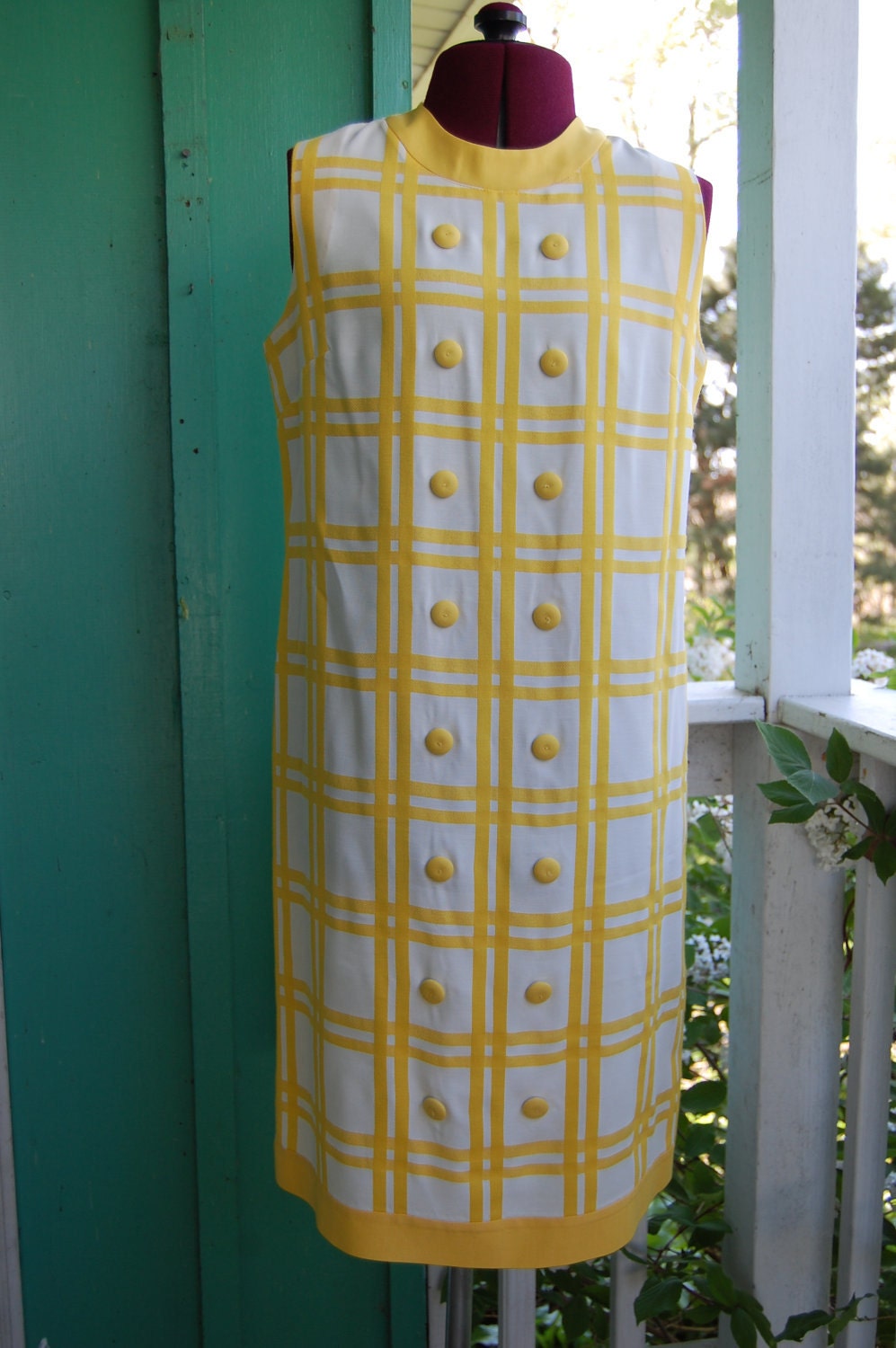 Vintage 60s Yellow & White Shift Dress with Double Buttons
