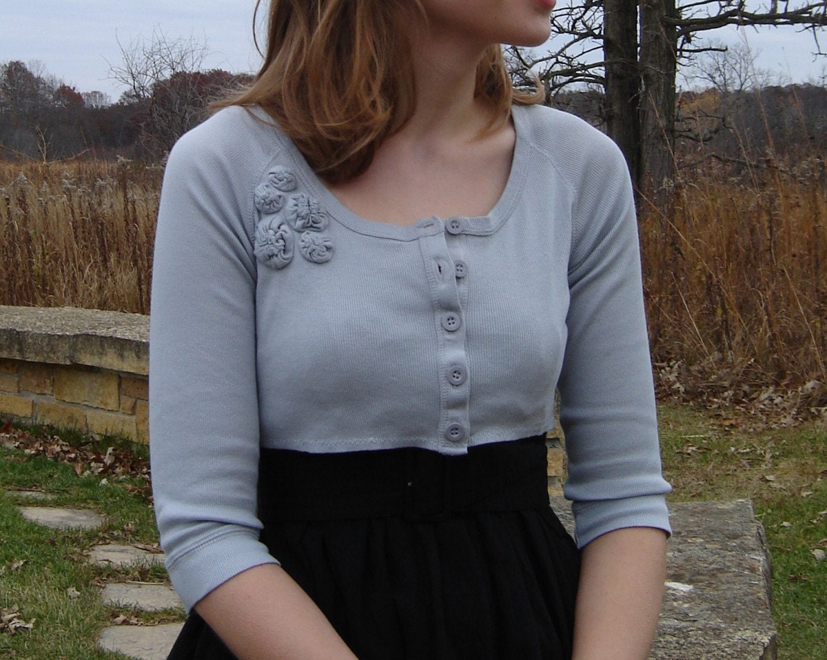 Repurposed Henley Shrug with Flowers - Silver Gray, Small