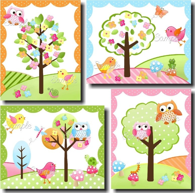 Set of 4 Owls Love Birdies Girls Bedroom and Baby Nursery 8 x 10 Wall ART PRINTS