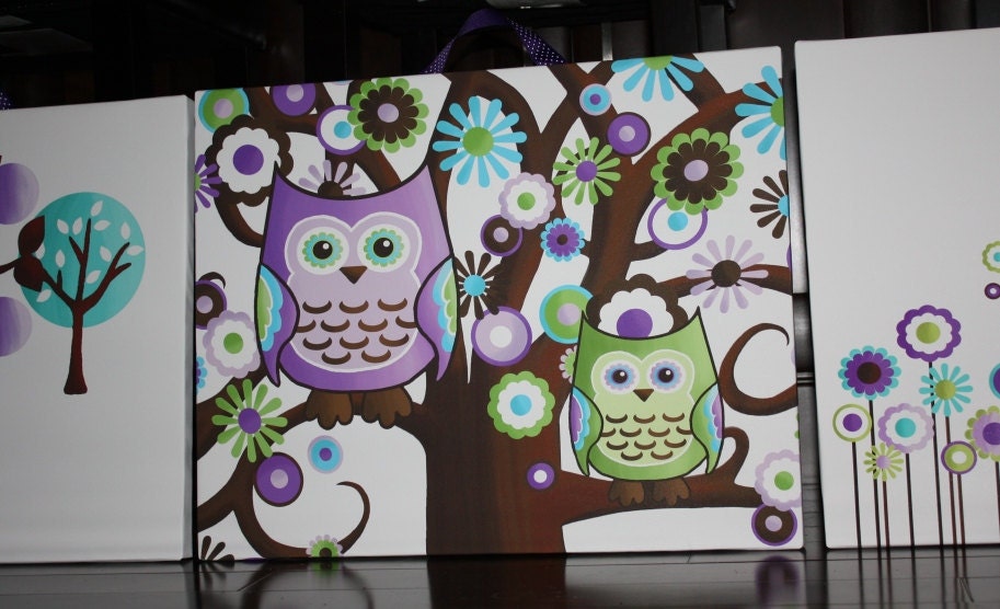 Set of 3 Pretty in Purple Owls 16x20 Stretched Canvases Baby Nursery CANVAS Bedroom Wall Art