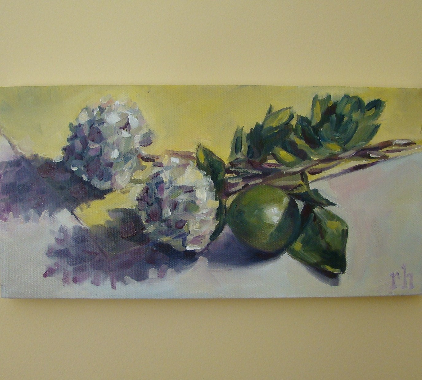 Hydrangeas with Lime Chaser - 6x12inch daily still life original oil painting by Rob Hazzard