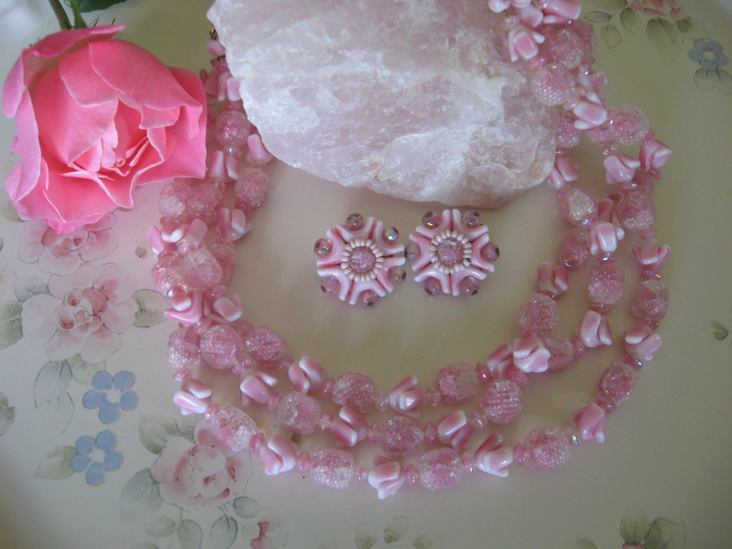 Lovely Vintage West Germany Pink Glass Beaded Necklace and Earrings
