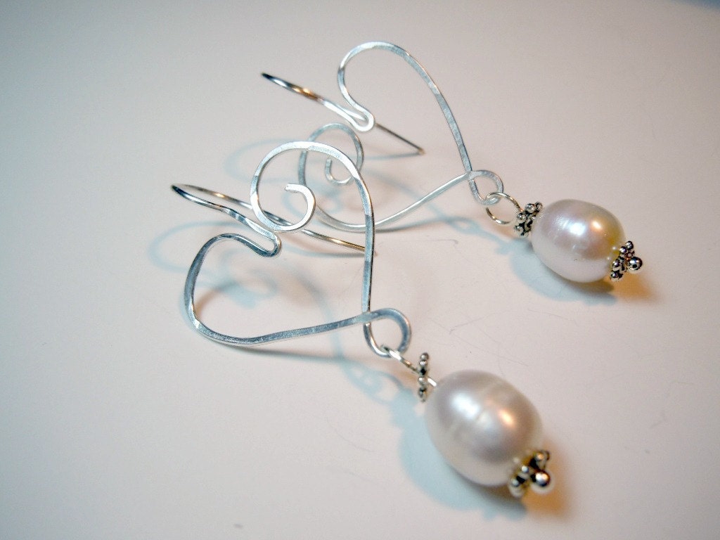 Wire Wrapped Hearts  With Freshwater Pearls Earrings by Debbie Renee