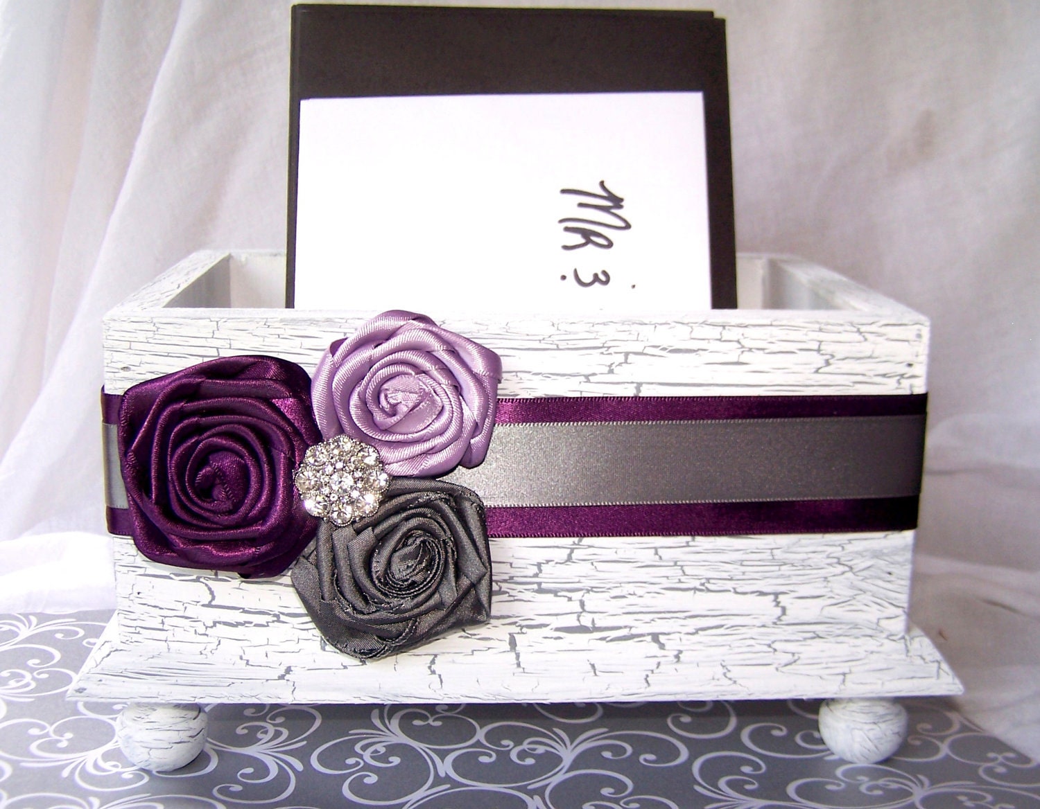 Wedding Card BOX - Wooden White Shabby Chic Box, Dark Plum/purple, Lilac and Gray, Custom colors available