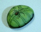 Black widow spider, Dads garden, green, leaf, spring garden decor, whimsical, gift for gardener, hand painted rocks by RockArtiste