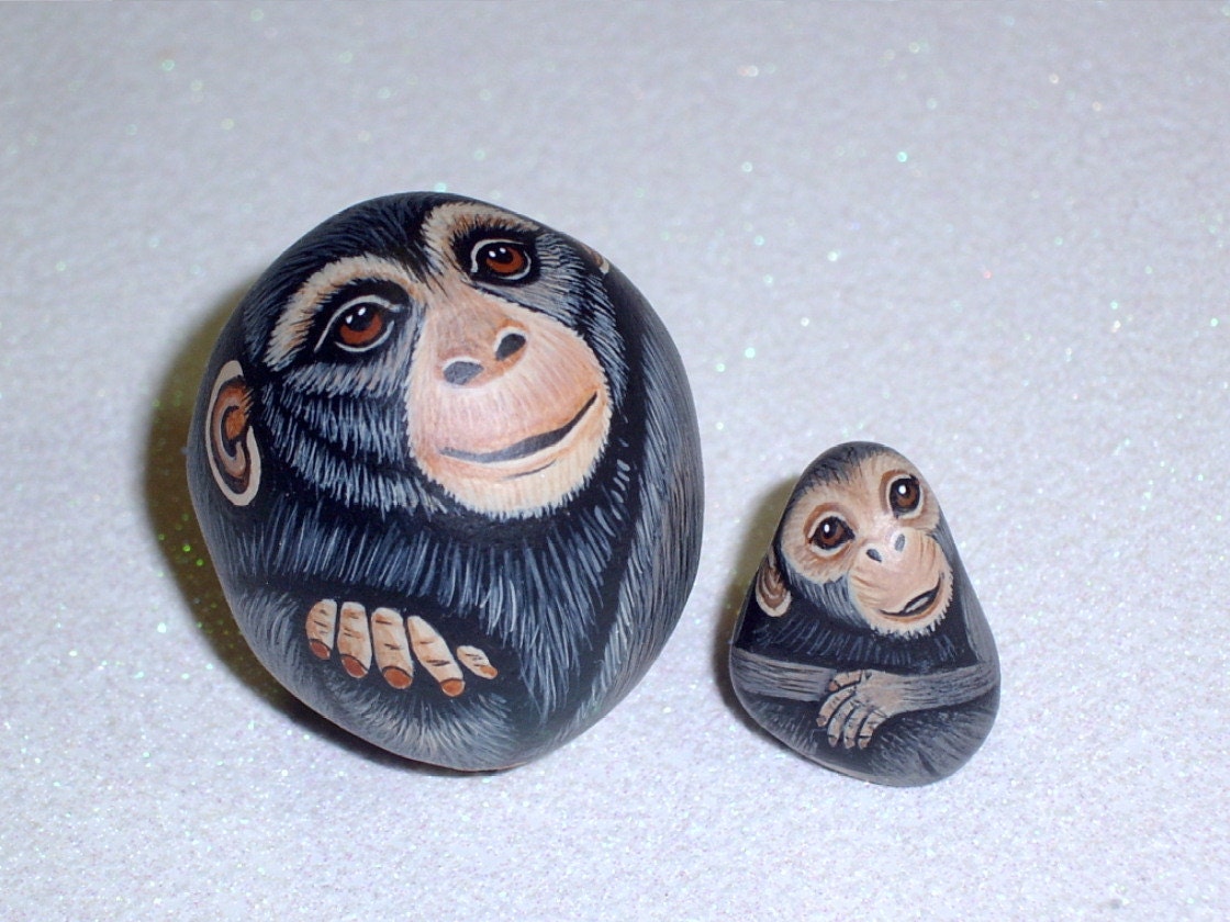 Custom order for "monkeybec24". Chimpanzee family - Dad, Mom and Baby chimps, miniature zoo animals, hand painted rocks by Rockartiste
