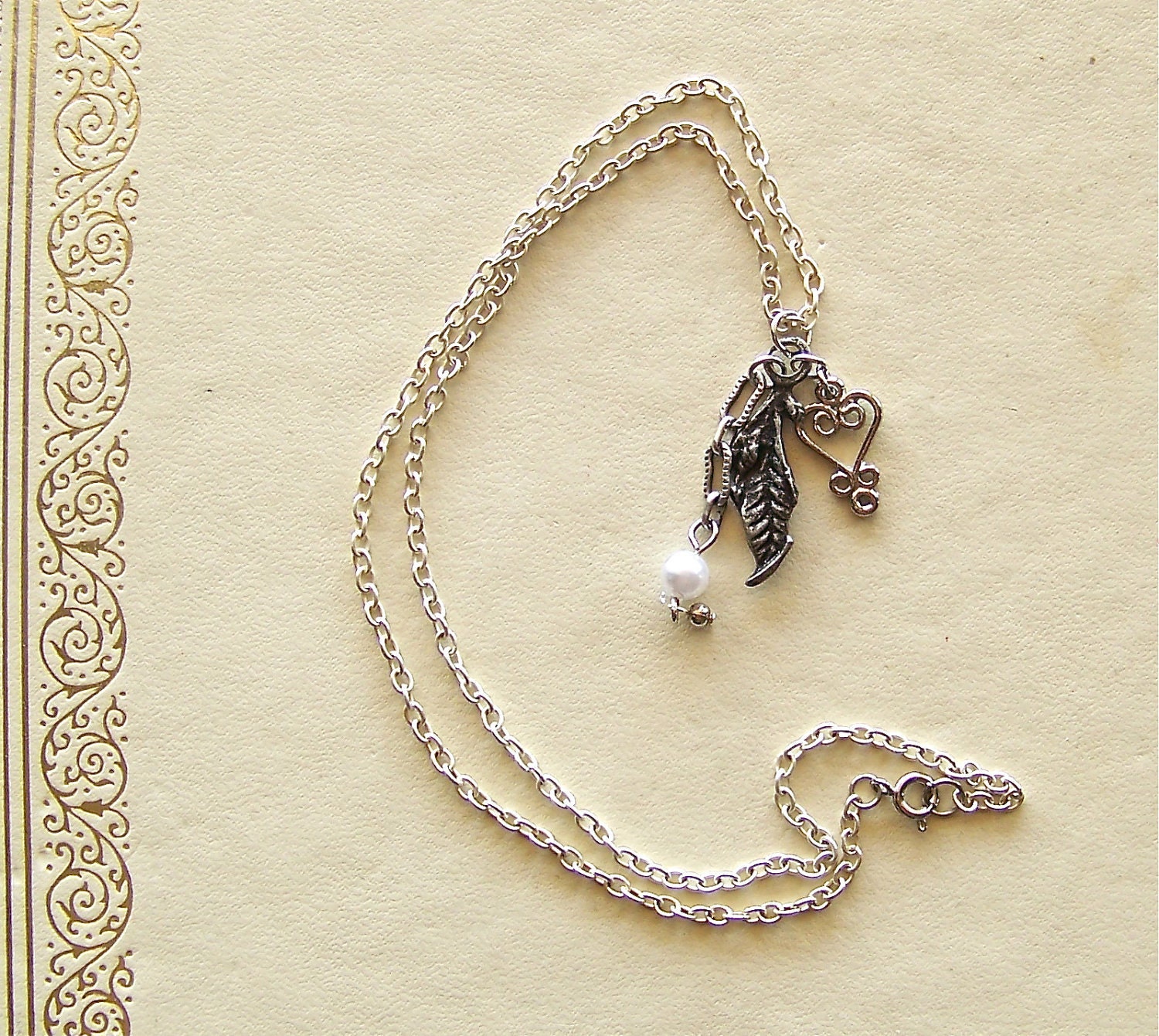 feather pearl heart charm necklace - a necklace of recycled jewelry