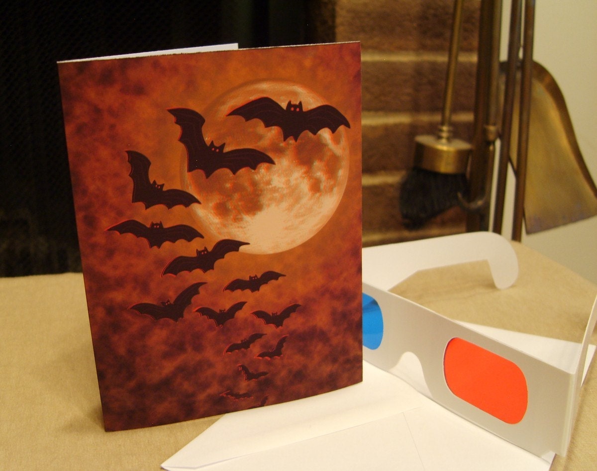 3-D Vampire Bats Flying Over the Moon Halloween Card - with 3-D glasses