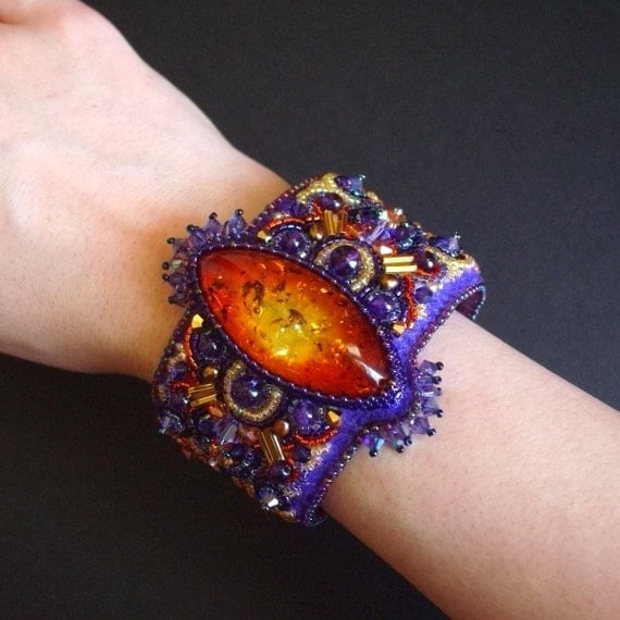 Fearless Bead Embroidered Cuff on Etsy--Luxury Bead Embroidery by CircesHouse, with Swarovski Crystals