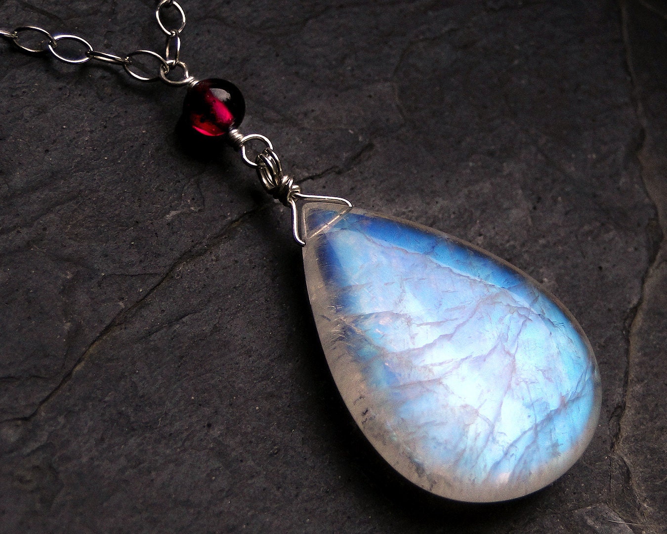 Rainbow Moonstone Necklace, BIG Moonstone, Garnet, Sterling Silver--Red Moon by CircesHouse on Etsy